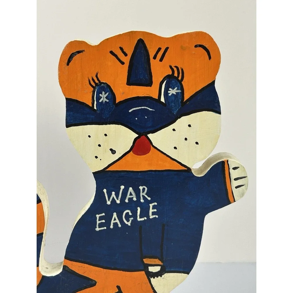 Vintage Auburn Tigers War Eagle Wooden Cat Figurine Handmade Folk Art